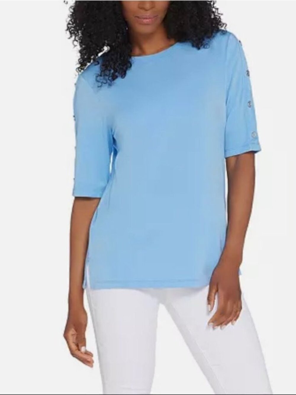 Martha Stewart Knit Boatneck Button Elbow-Sleeve Top